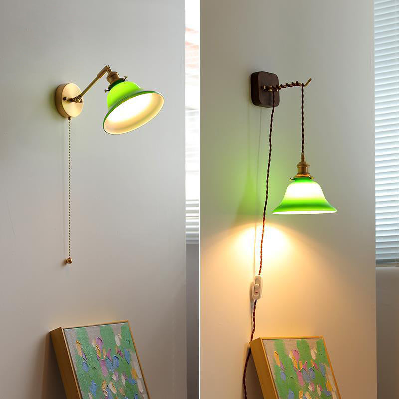 Contemporary Retro Brass Walnut Glass Bell-Shaped Pull Switch 1-Light Hanging Wall Sconce Lamp For Bedroom