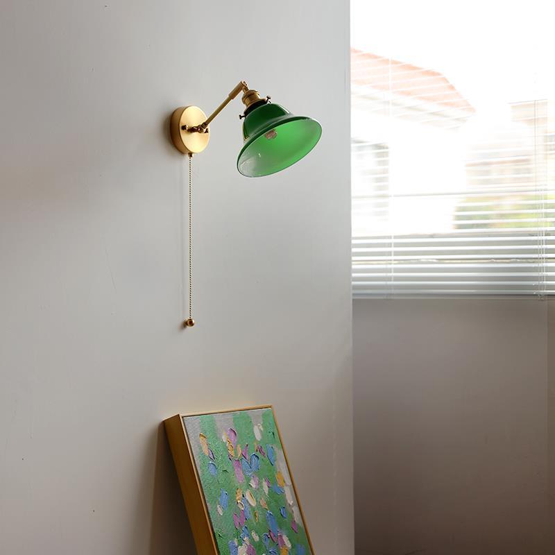 Contemporary Retro Brass Walnut Glass Bell-Shaped Pull Switch 1-Light Hanging Wall Sconce Lamp For Bedroom