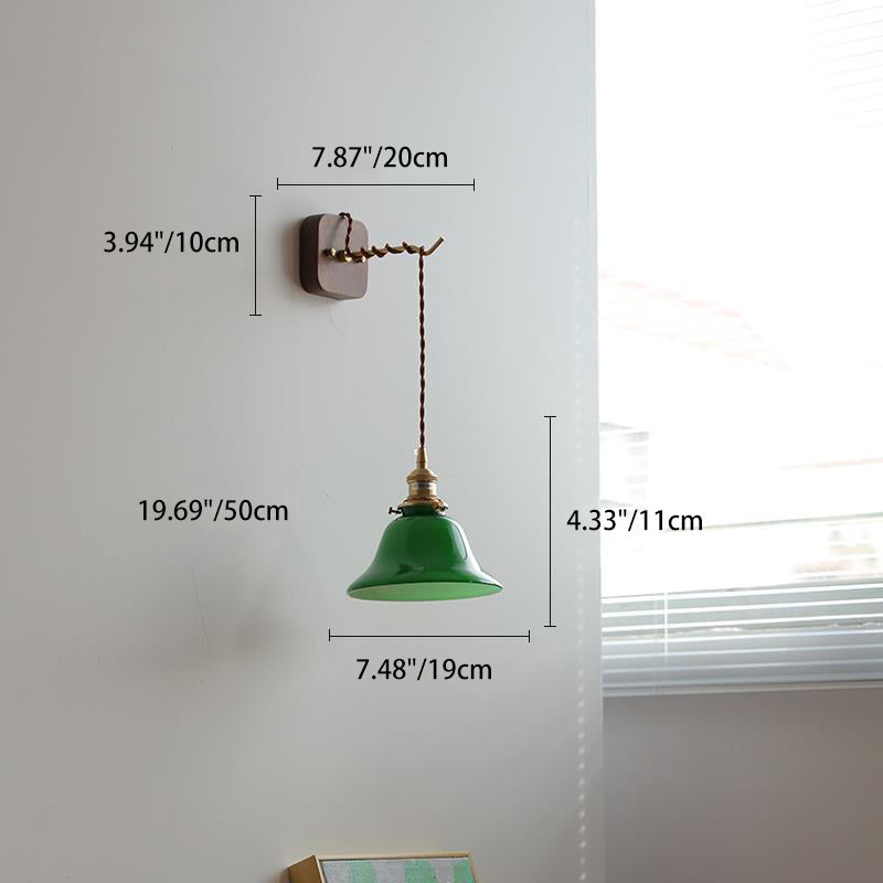 Contemporary Retro Brass Walnut Glass Bell-Shaped Pull Switch 1-Light Hanging Wall Sconce Lamp For Bedroom