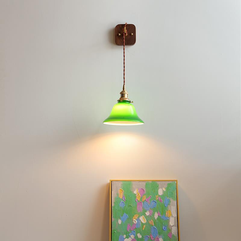 Contemporary Retro Brass Walnut Glass Bell-Shaped Pull Switch 1-Light Hanging Wall Sconce Lamp For Bedroom