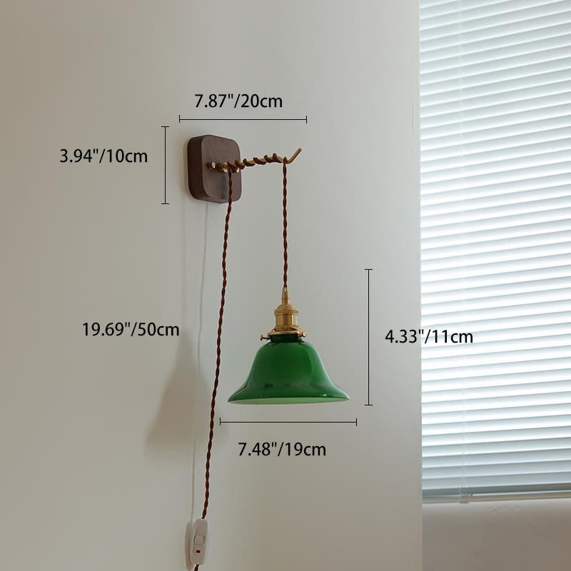 Contemporary Retro Brass Walnut Glass Bell-Shaped Pull Switch 1-Light Hanging Wall Sconce Lamp For Bedroom