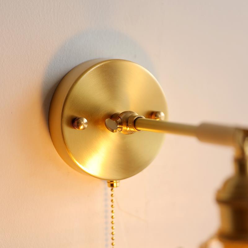 Contemporary Retro Brass Walnut Glass Bell-Shaped Pull Switch 1-Light Hanging Wall Sconce Lamp For Bedroom