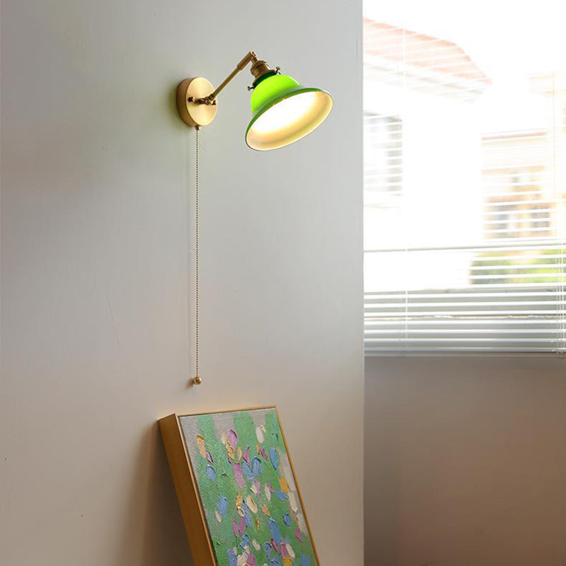 Contemporary Retro Brass Walnut Glass Bell-Shaped Pull Switch 1-Light Hanging Wall Sconce Lamp For Bedroom