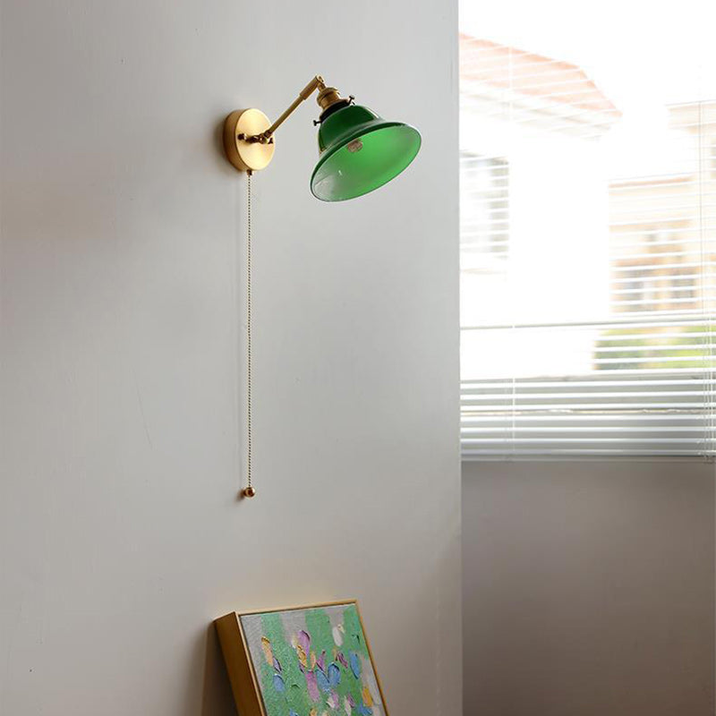 Contemporary Retro Brass Walnut Glass Bell-Shaped Pull Switch 1-Light Hanging Wall Sconce Lamp For Bedroom