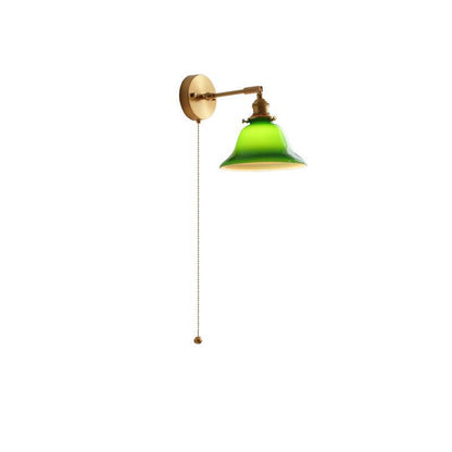 Contemporary Retro Brass Walnut Glass Bell-Shaped Pull Switch 1-Light Hanging Wall Sconce Lamp For Bedroom