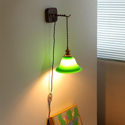 Contemporary Retro Brass Walnut Glass Bell-Shaped Pull Switch 1-Light Hanging Wall Sconce Lamp For Bedroom