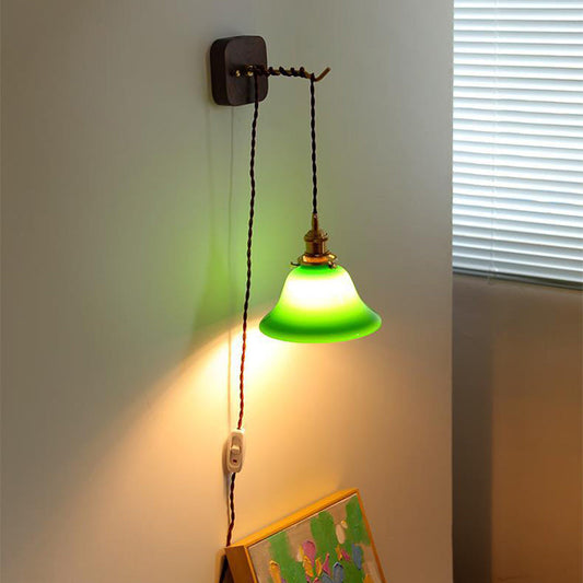Contemporary Retro Brass Walnut Glass Bell-Shaped Pull Switch 1-Light Hanging Wall Sconce Lamp For Bedroom