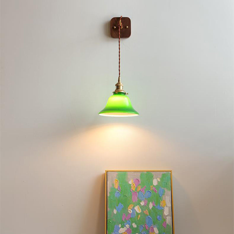 Contemporary Retro Brass Walnut Glass Bell-Shaped Pull Switch 1-Light Hanging Wall Sconce Lamp For Bedroom