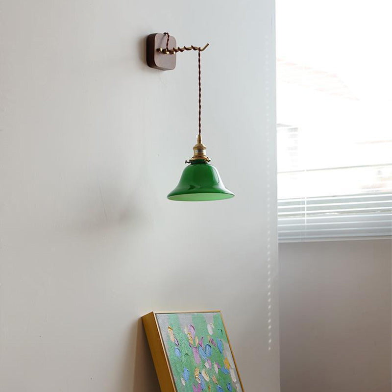 Contemporary Retro Brass Walnut Glass Bell-Shaped Pull Switch 1-Light Hanging Wall Sconce Lamp For Bedroom