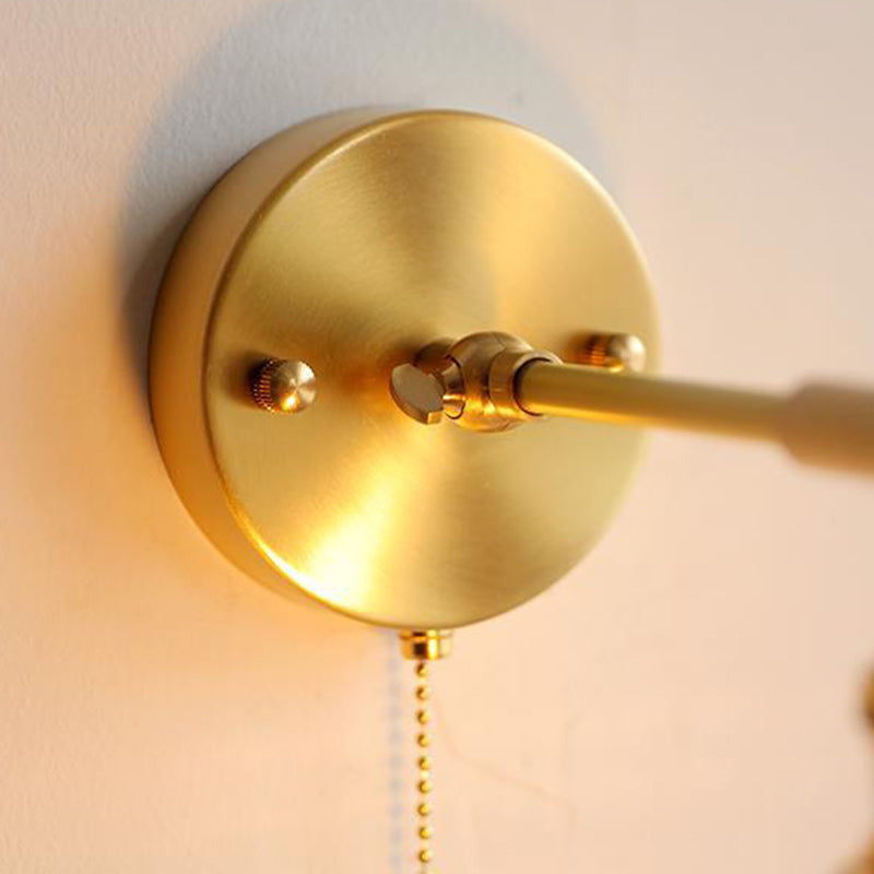 Contemporary Retro Brass Walnut Glass Bell-Shaped Pull Switch 1-Light Hanging Wall Sconce Lamp For Bedroom
