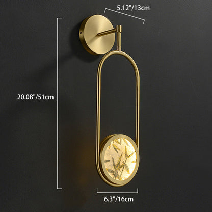Traditional Chinese Brass Aluminum Glass Oval Bamboo Leaf LED Wall Sconce Lamp For Bedside