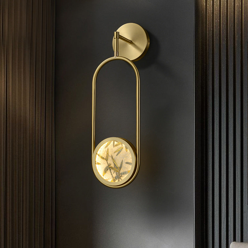 Traditional Chinese Brass Aluminum Glass Oval Bamboo Leaf LED Wall Sconce Lamp For Bedside