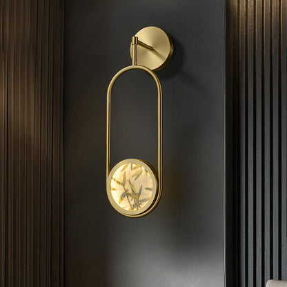Traditional Chinese Brass Aluminum Glass Oval Bamboo Leaf LED Wall Sconce Lamp For Bedside