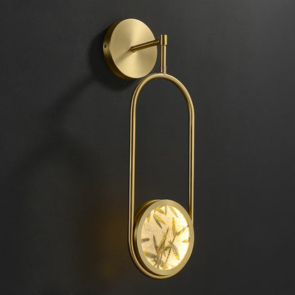 Traditional Chinese Brass Aluminum Glass Oval Bamboo Leaf LED Wall Sconce Lamp For Bedside