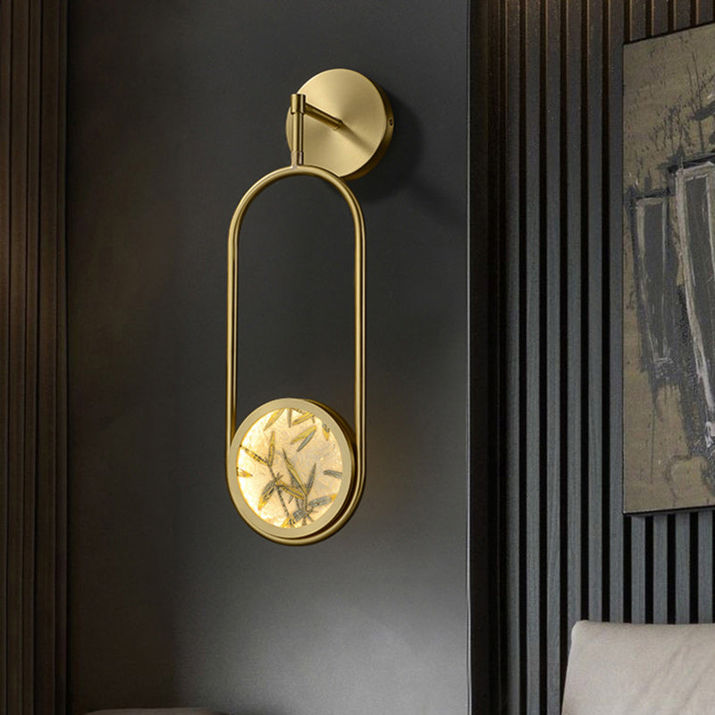 Traditional Chinese Brass Aluminum Glass Oval Bamboo Leaf LED Wall Sconce Lamp For Bedside