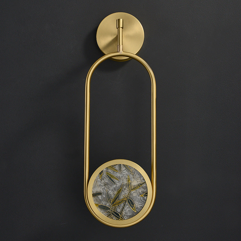 Traditional Chinese Brass Aluminum Glass Oval Bamboo Leaf LED Wall Sconce Lamp For Bedside