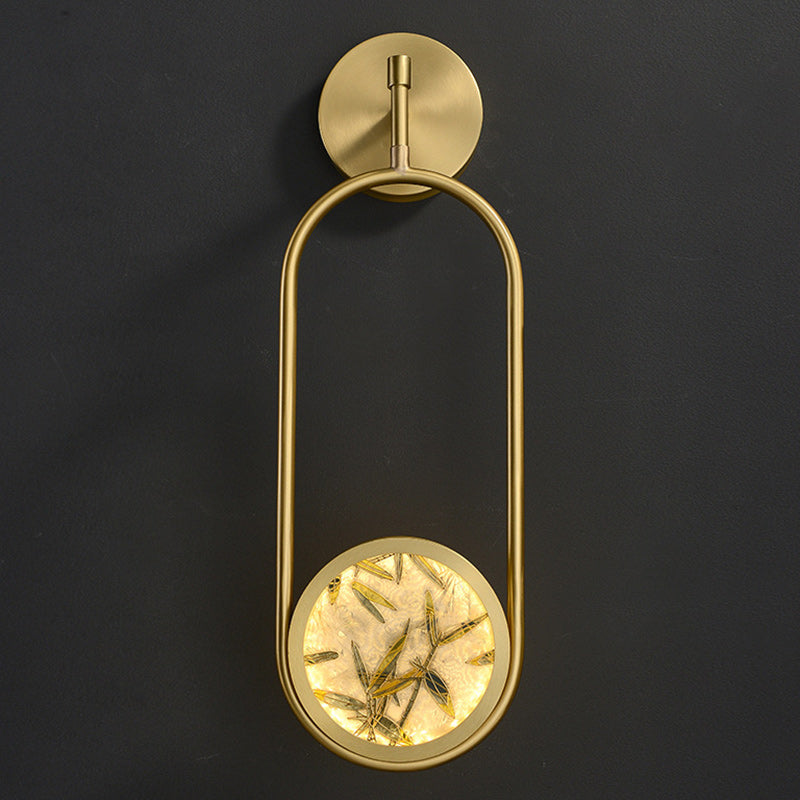Traditional Chinese Brass Aluminum Glass Oval Bamboo Leaf LED Wall Sconce Lamp For Bedside