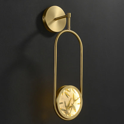 Traditional Chinese Brass Aluminum Glass Oval Bamboo Leaf LED Wall Sconce Lamp For Bedside