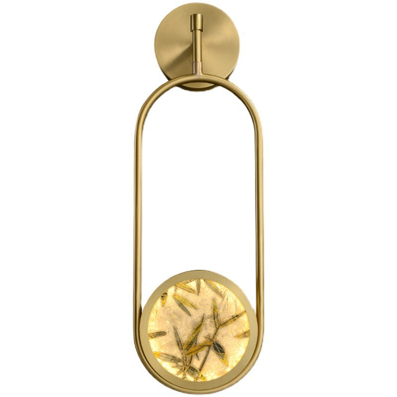 Traditional Chinese Brass Aluminum Glass Oval Bamboo Leaf LED Wall Sconce Lamp For Bedside