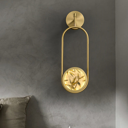 Traditional Chinese Brass Aluminum Glass Oval Bamboo Leaf LED Wall Sconce Lamp For Bedside