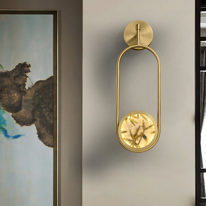 Traditional Chinese Brass Aluminum Glass Oval Bamboo Leaf LED Wall Sconce Lamp For Bedside
