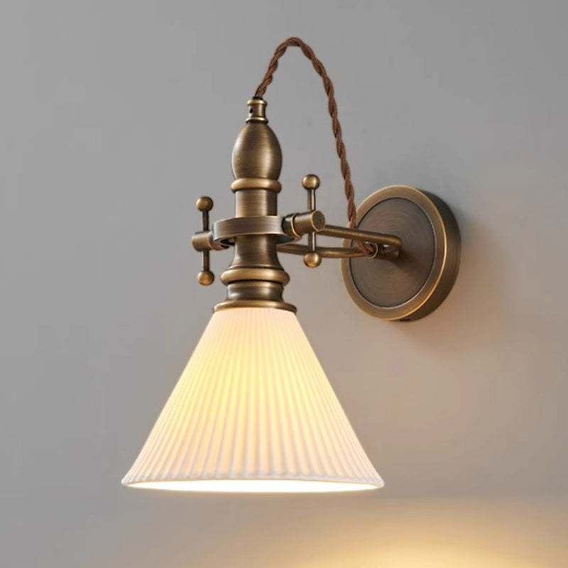 Traditional Vintage Brass Glass Semi-Circular Trumpet Adjustable 1-Light Wall Sconce Lamp For Bedside