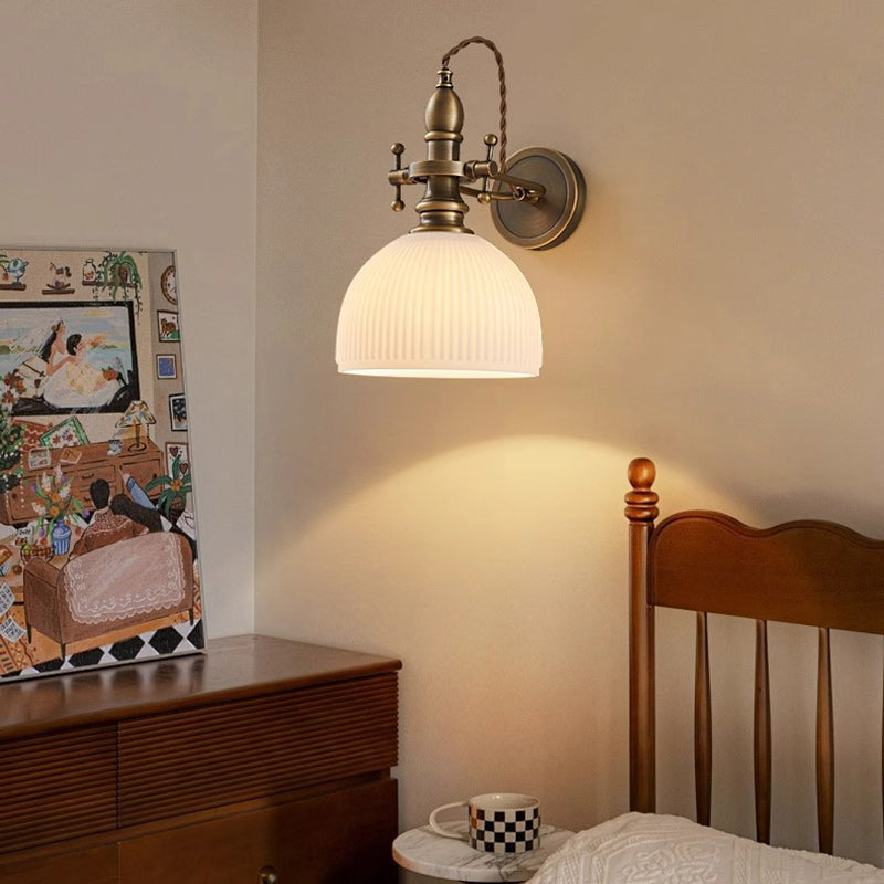 Traditional Vintage Brass Glass Semi-Circular Trumpet Adjustable 1-Light Wall Sconce Lamp For Bedside