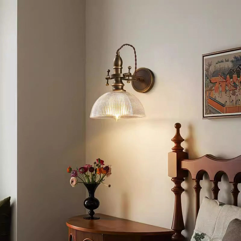 Traditional Vintage Brass Glass Semi-Circular Trumpet Adjustable 1-Light Wall Sconce Lamp For Bedside