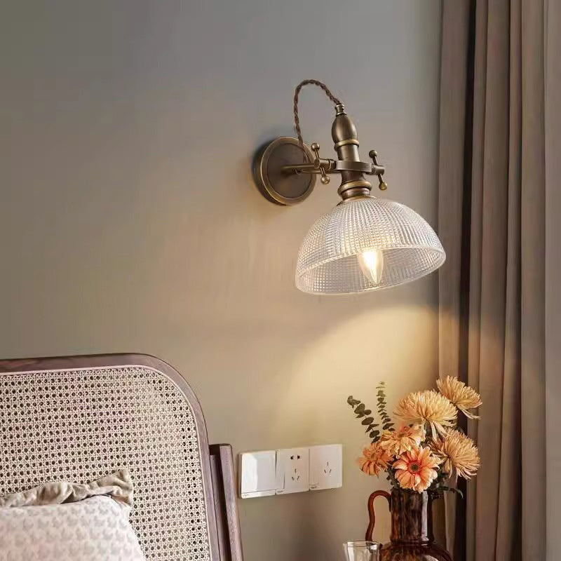 Traditional Vintage Brass Glass Semi-Circular Trumpet Adjustable 1-Light Wall Sconce Lamp For Bedside