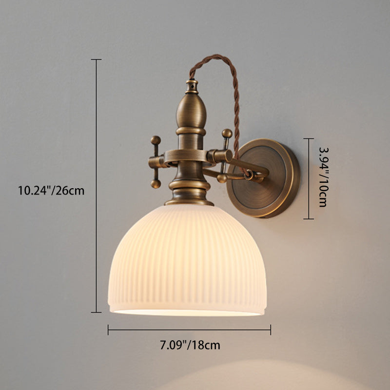 Traditional Vintage Brass Glass Semi-Circular Trumpet Adjustable 1-Light Wall Sconce Lamp For Bedside
