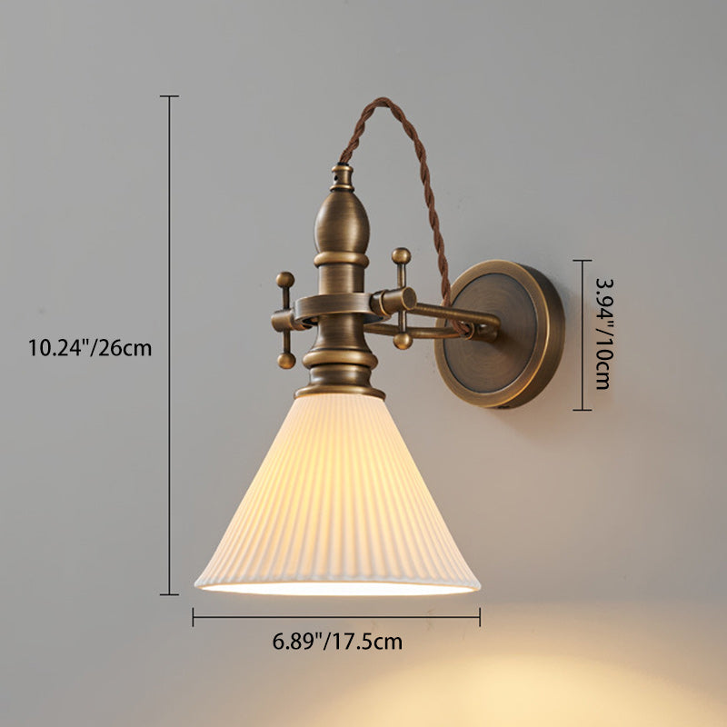 Traditional Vintage Brass Glass Semi-Circular Trumpet Adjustable 1-Light Wall Sconce Lamp For Bedside