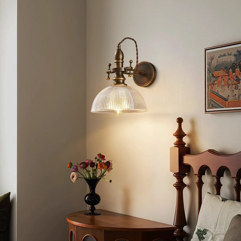 Traditional Vintage Brass Glass Semi-Circular Trumpet Adjustable 1-Light Wall Sconce Lamp For Bedside