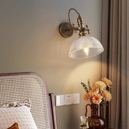 Traditional Vintage Brass Glass Semi-Circular Trumpet Adjustable 1-Light Wall Sconce Lamp For Bedside