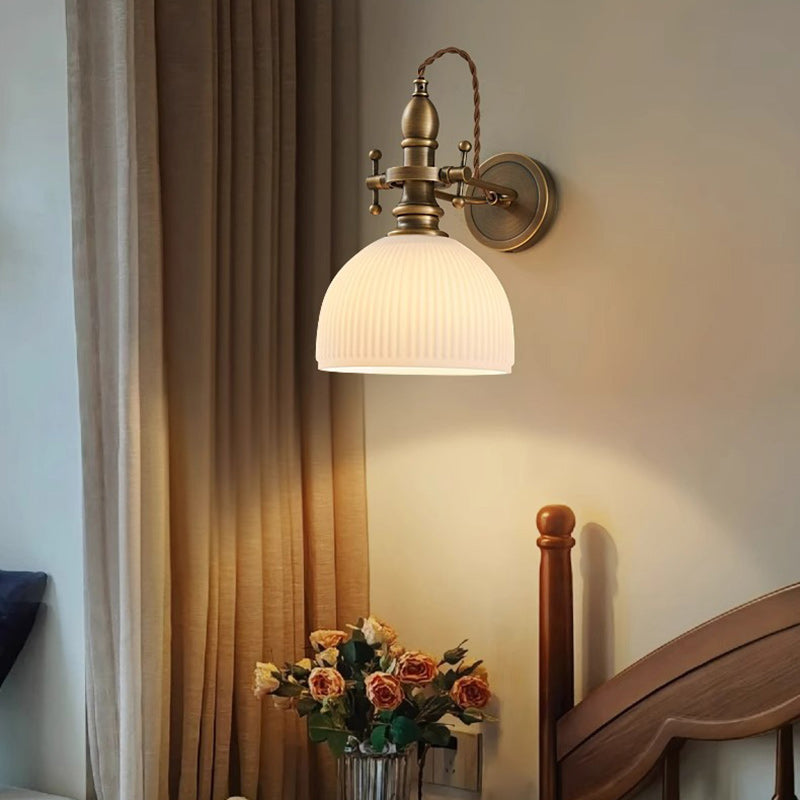 Traditional Vintage Brass Glass Semi-Circular Trumpet Adjustable 1-Light Wall Sconce Lamp For Bedside