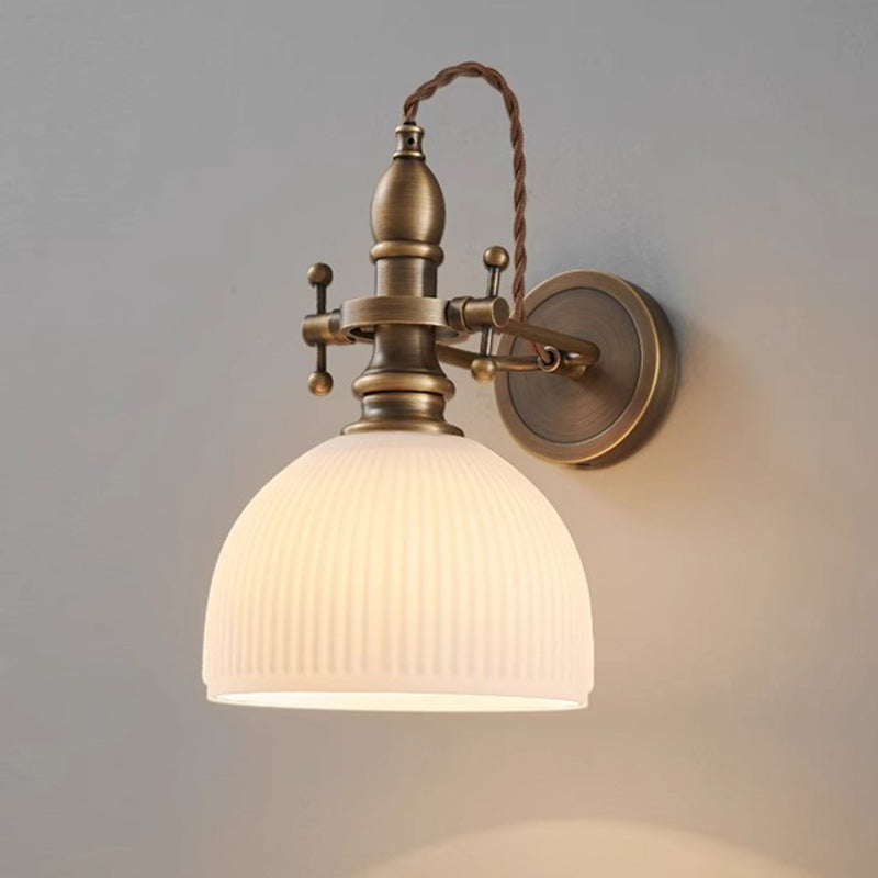 Traditional Vintage Brass Glass Semi-Circular Trumpet Adjustable 1-Light Wall Sconce Lamp For Bedside