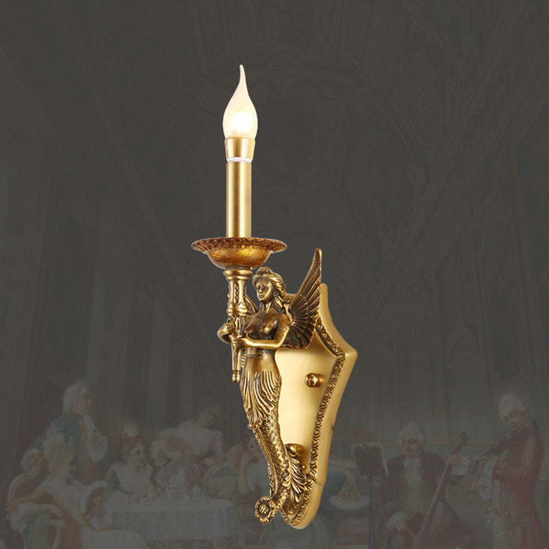 Traditional European Full Copper Mermaid Candle 1-Light Wall Sconce Lamp For Living Room & Bedroom