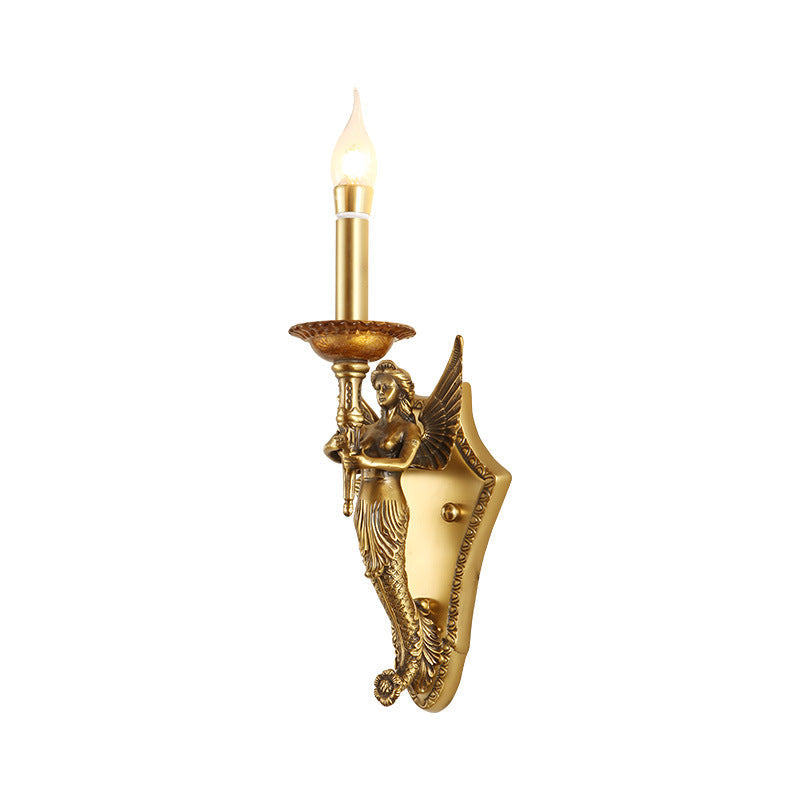 Traditional European Full Copper Mermaid Candle 1-Light Wall Sconce Lamp For Living Room & Bedroom