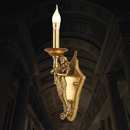 Traditional European Full Copper Mermaid Candle 1-Light Wall Sconce Lamp For Living Room & Bedroom