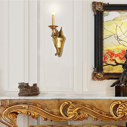 Traditional European Full Copper Mermaid Candle 1-Light Wall Sconce Lamp For Living Room & Bedroom
