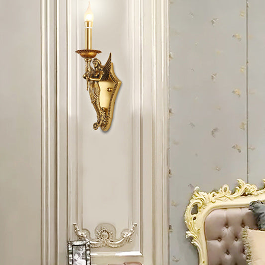 Traditional European Full Copper Mermaid Candle 1-Light Wall Sconce Lamp For Living Room & Bedroom
