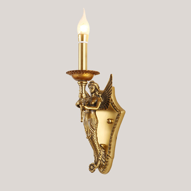 Traditional European Full Copper Mermaid Candle 1-Light Wall Sconce Lamp For Living Room & Bedroom
