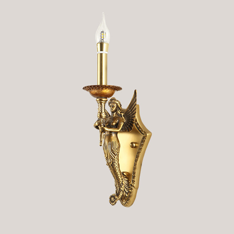 Traditional European Full Copper Mermaid Candle 1-Light Wall Sconce Lamp For Living Room & Bedroom