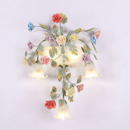 Traditional Farmhouse Iron Ceramic Glass Rose Floral Decorative 5-Light Wall Sconce Lamp For Living Room And Bedroom