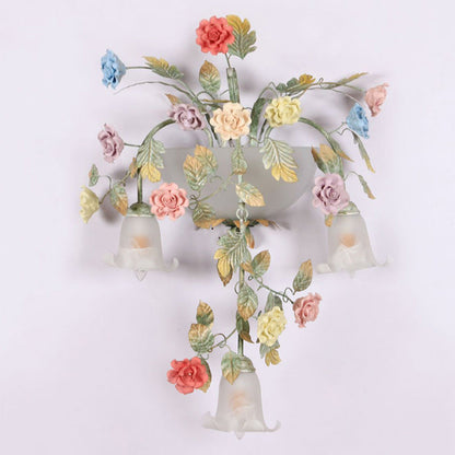 Traditional Farmhouse Iron Ceramic Glass Rose Floral Decorative 5-Light Wall Sconce Lamp For Living Room And Bedroom