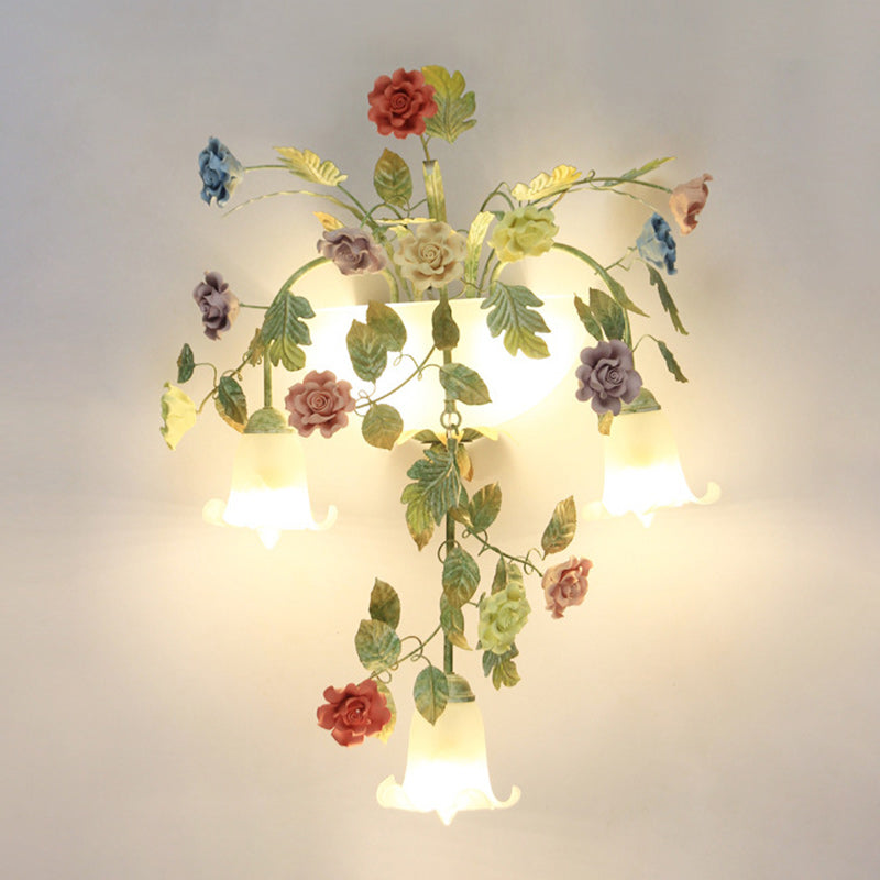 Traditional Farmhouse Iron Ceramic Glass Rose Floral Decorative 5-Light Wall Sconce Lamp For Living Room And Bedroom