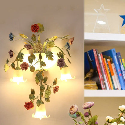 Traditional Farmhouse Iron Ceramic Glass Rose Floral Decorative 5-Light Wall Sconce Lamp For Living Room And Bedroom