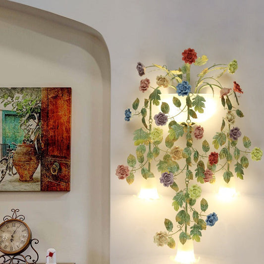 Traditional Farmhouse Iron Ceramic Glass Rose Floral Decorative 5-Light Wall Sconce Lamp For Living Room And Bedroom