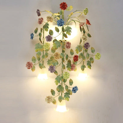 Traditional Farmhouse Iron Ceramic Glass Rose Floral Decorative 5-Light Wall Sconce Lamp For Living Room And Bedroom