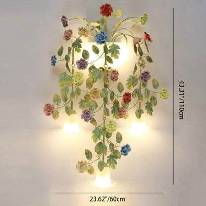 Traditional Farmhouse Iron Ceramic Glass Rose Floral Decorative 5-Light Wall Sconce Lamp For Living Room And Bedroom