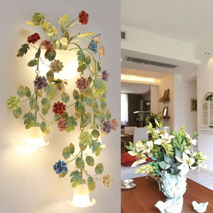 Traditional Farmhouse Iron Ceramic Glass Rose Floral Decorative 5-Light Wall Sconce Lamp For Living Room And Bedroom